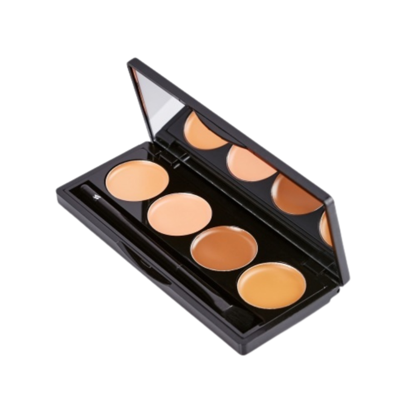 Makeup palette with six beige shades on a white background