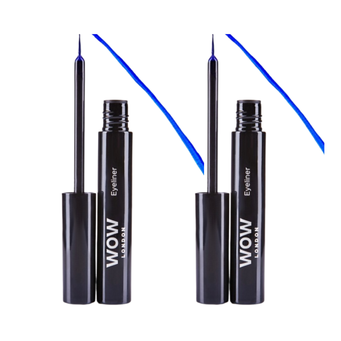 Two black eyeliner products with blue lines on a white background