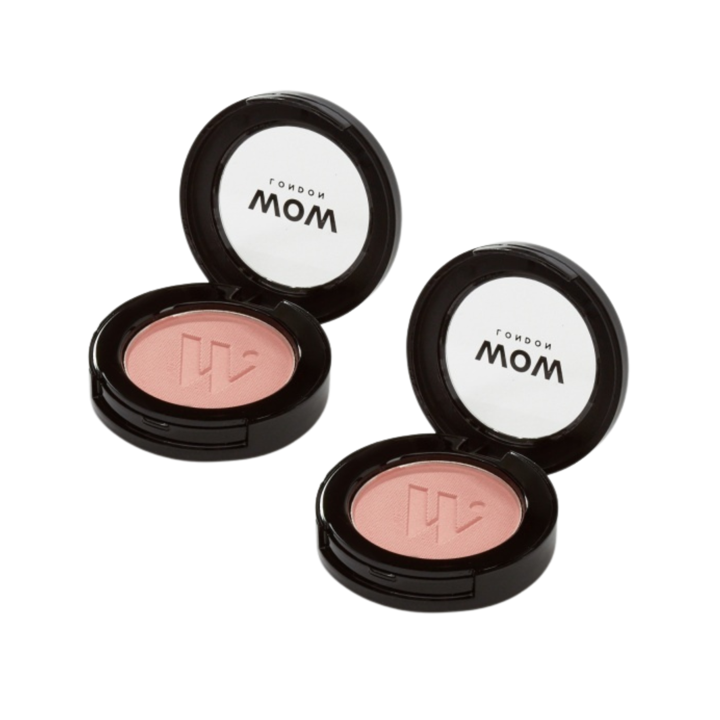Three compact blushes with open covers on a white background, featuring the brand 'MOM'.