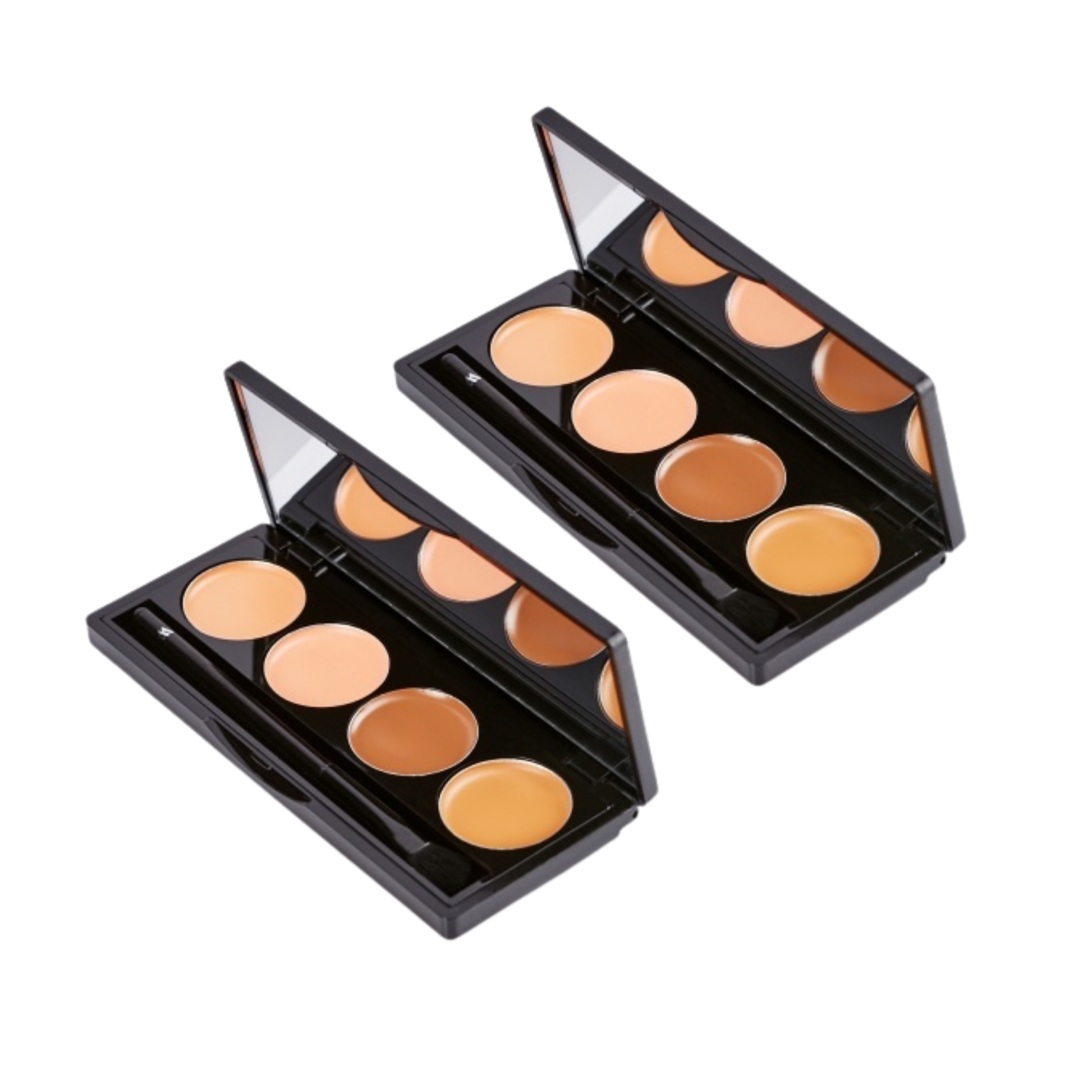 Two open makeup concealer palettes with various shades on a white background