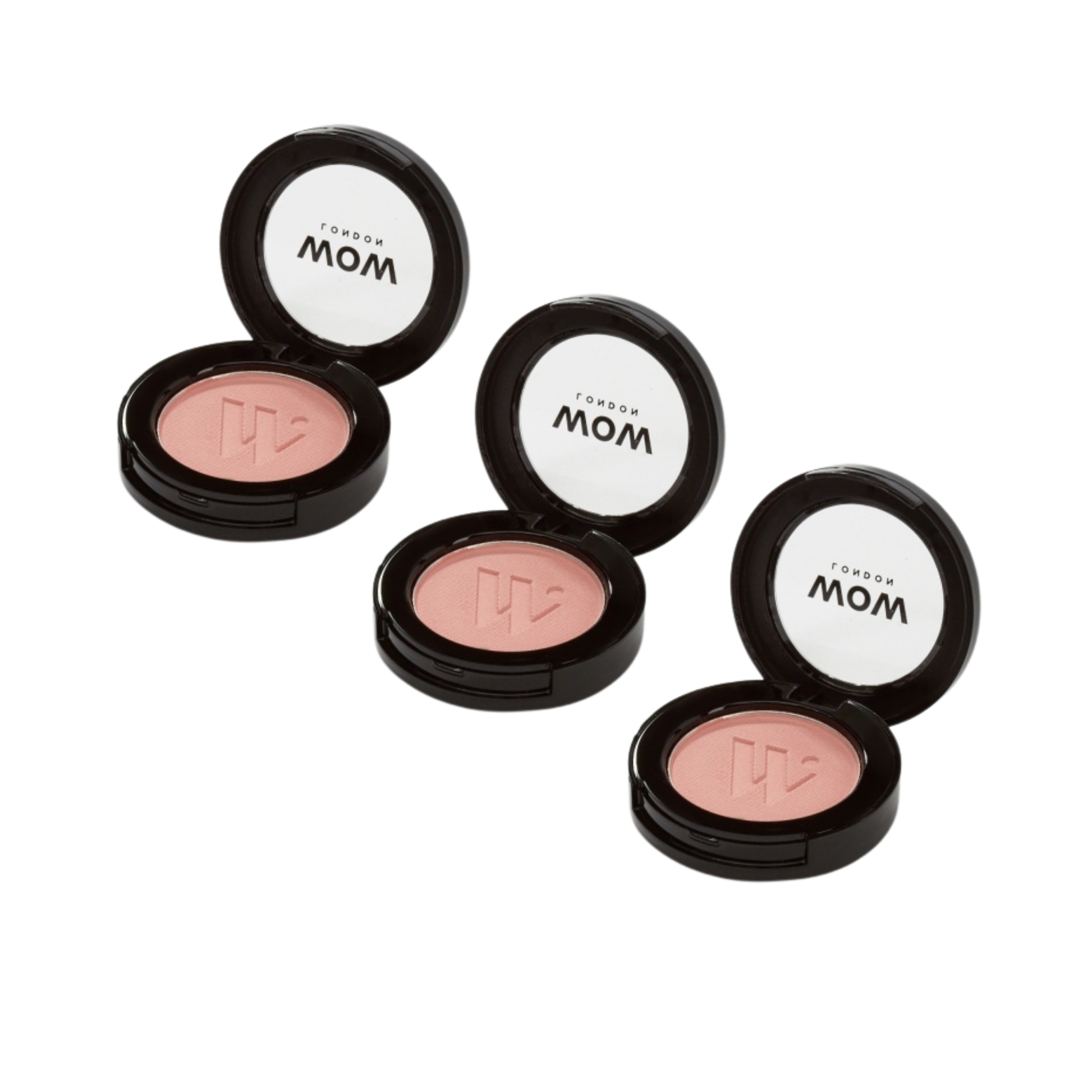Four makeup blush compact cases with 'MOM' branding on a white background