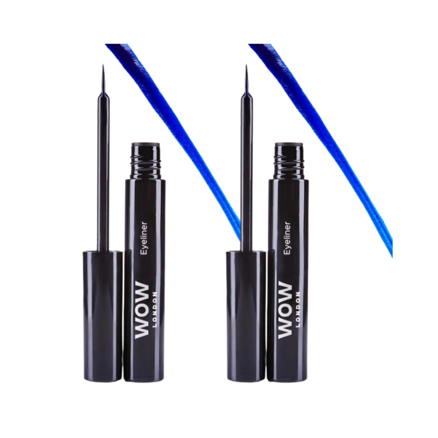 Two black eyeliner pens with blue lines on a white background, featuring the brand 'WOW.'