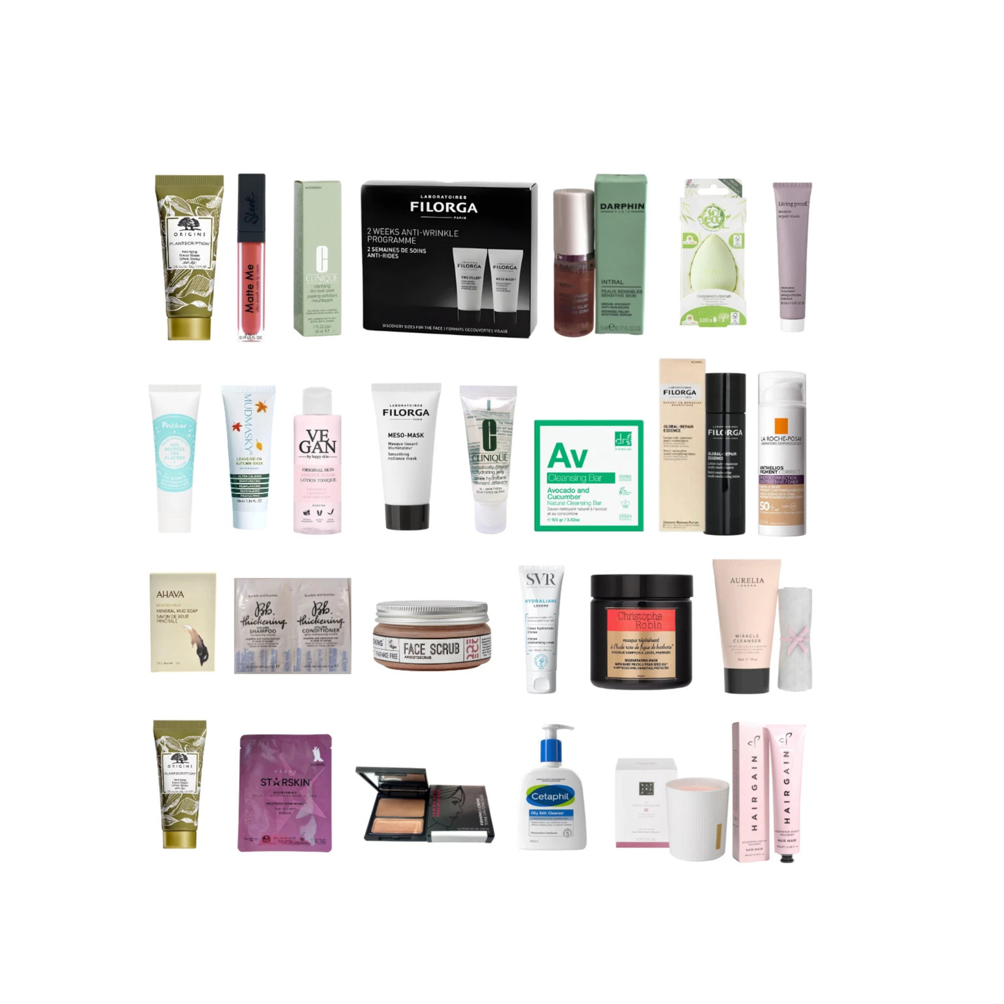 Collection of various skincare and cosmetic products on a white background