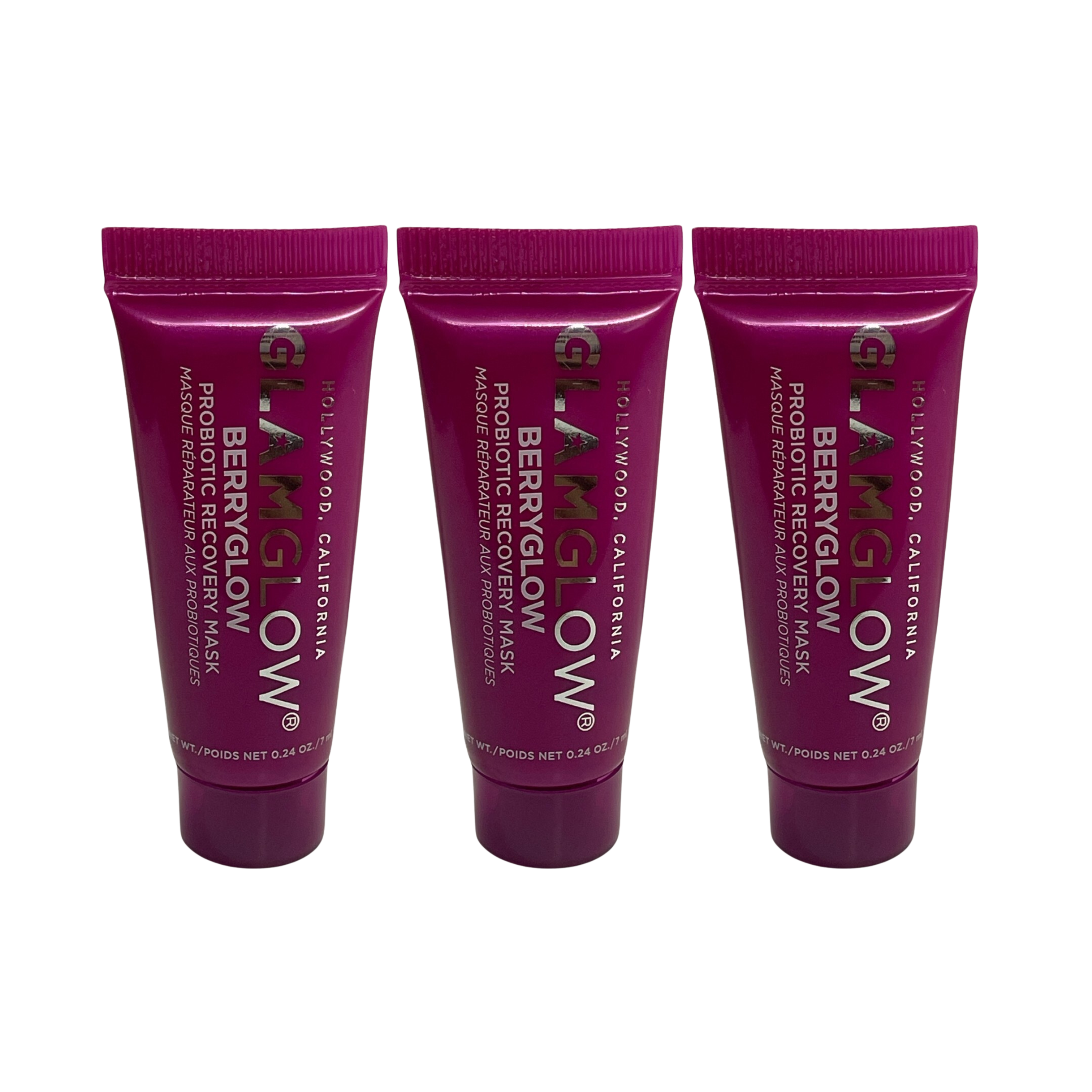 Three GLAMGLOW berryglow probiotic recovery masks on a white background