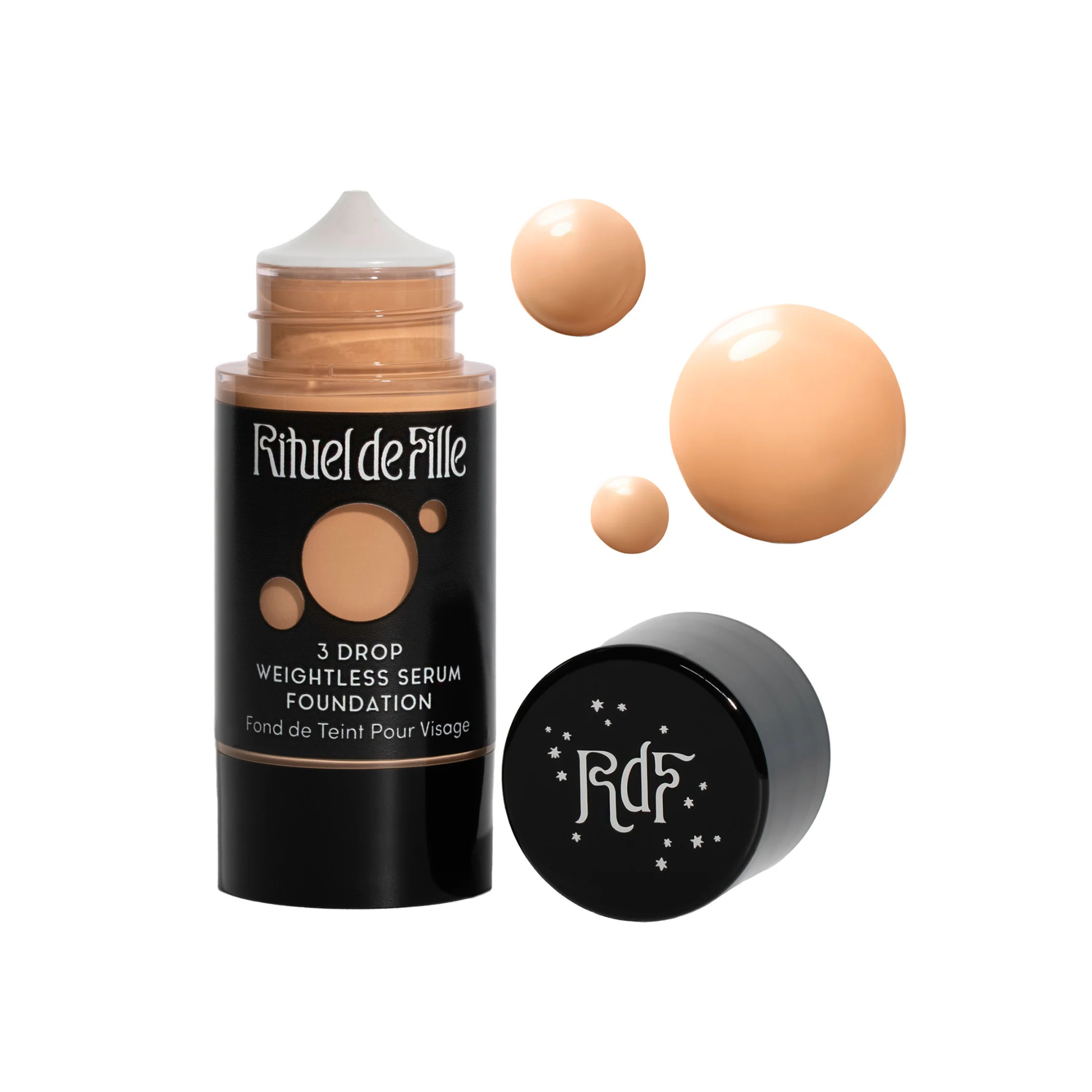 Réfèl de Fille 3 Drop Weightless Serum Foundation with foundation samples on a white background